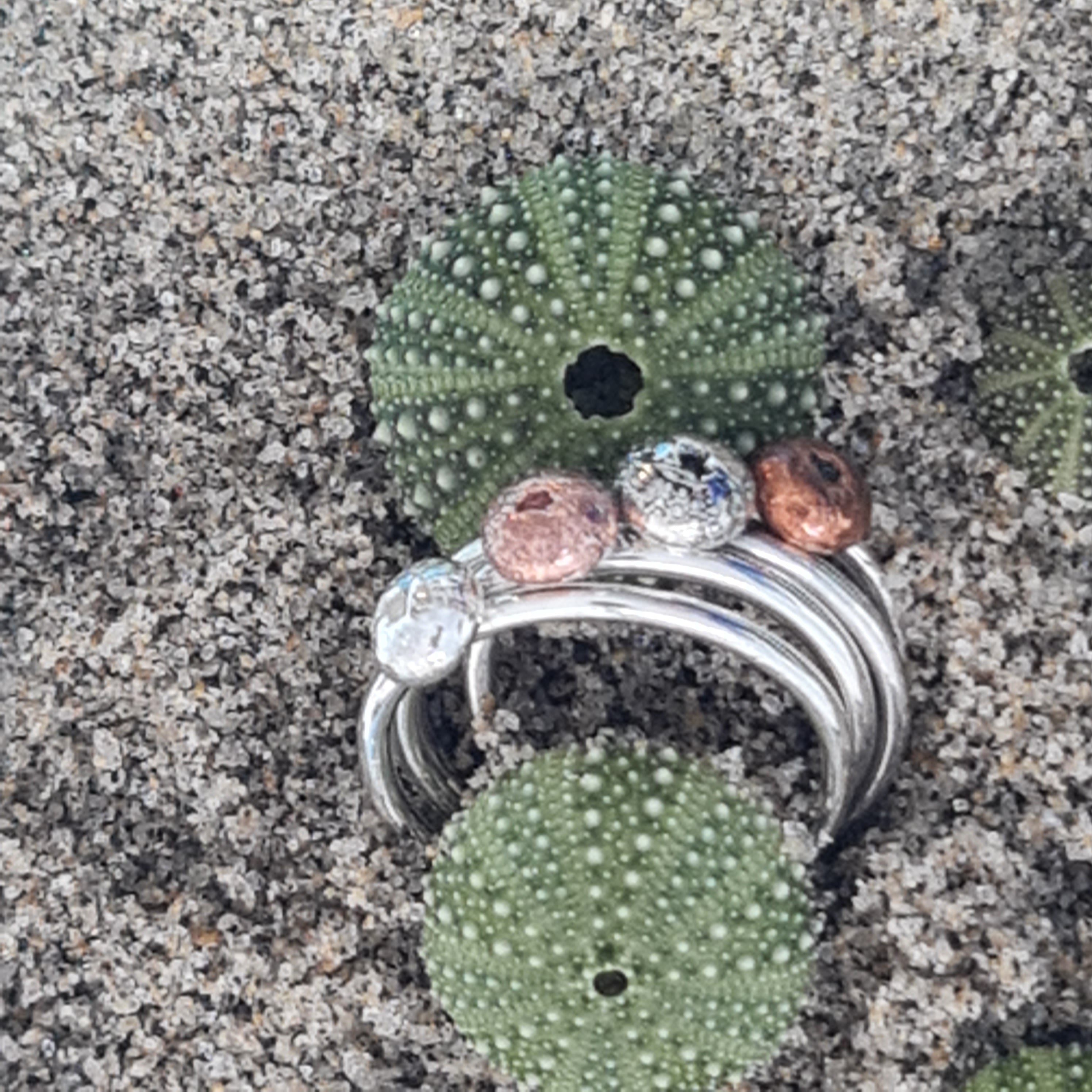 Sterling silver rings, hand-crafted rings, ocean rings, women’s rings, ladies’ rings, NZ rings, NZ sterling silver rings, New Zealand rings, New Zealand sterling silver rings, stacker rings, sterling silver stacker rings, copper sterling silver rings, kina sterling silver rings, kina stacker rings